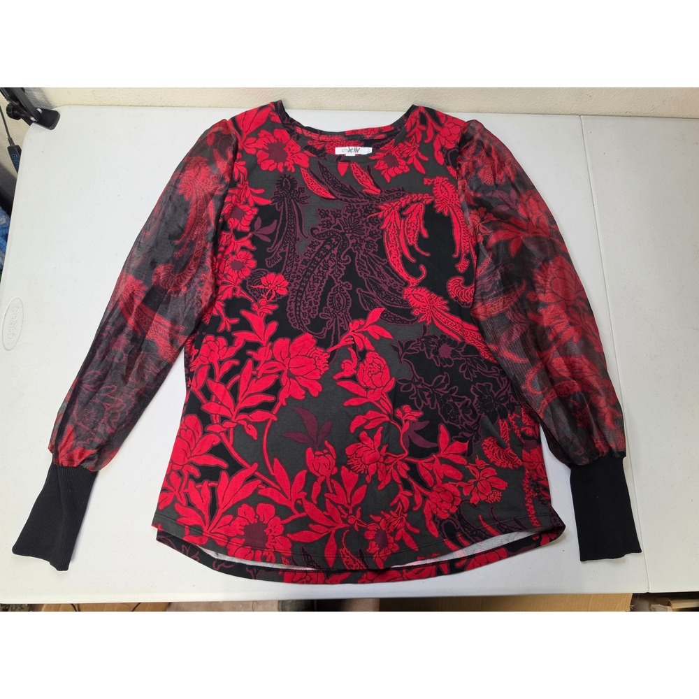 Chicos Red Black Floral Paisley Sheer Mesh Sleeve Top Size 3 XL Mixed Media